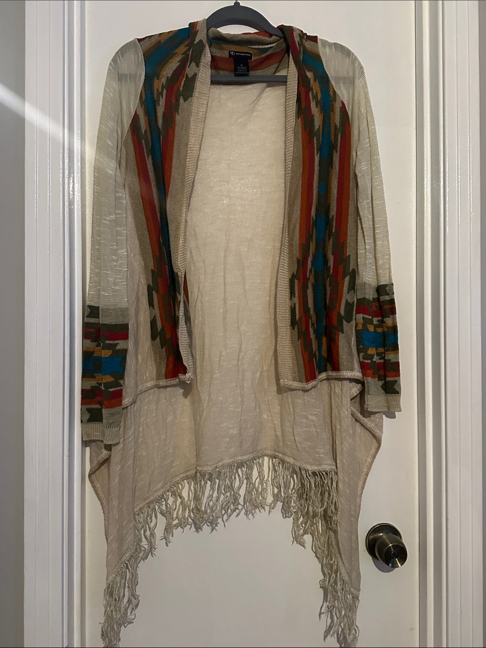 Lightweight Aztec Fringe Open Front Cardigan - Neutral & Teal Accents